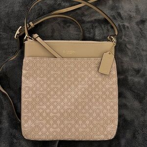 Coach Signature Jacquard Crossbody Bag in Light Taupe/Tan & Cream Accents.